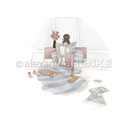 Eine Frau liest im Bett eine Zeitung. Um sie herum liegen Frühstück, Blumen, verstreute Papiere und Alexandra Renke Designpapier.