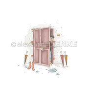 Eine Person lugt aus einer rosafarbenen Tür mit Regenstiefeln, Pfützen und Regenschirmen hervor - die perfekte Inspiration für Alexandra Renke Designpapier oder Papierprojekte wie fröhliche Grußkarten.