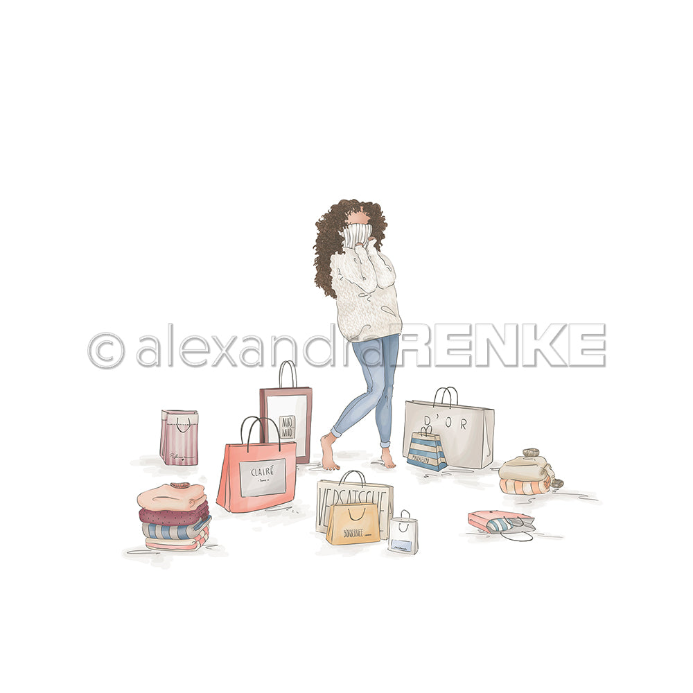 Illustration einer Frau, die ihr Gesicht bedeckt, umgeben von Einkaufstüten, gefalteten Kleidern und Alexandra Renke Designpapier - die ideale Inspiration für einzigartige Papierprojekte.