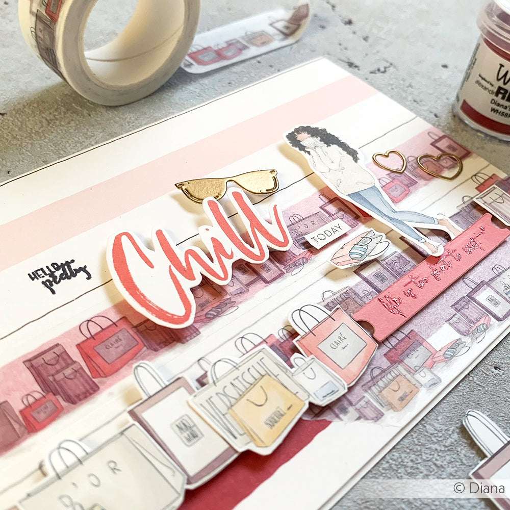 Scrapbook-Seite von Alexandra Renke mit Einkaufstüten-Illustrationen, "Chill"-Text und einer ausgeschnittenen Frau mit Kaffeetasse - ideal für Papierprojekte oder Grußkarten-Inspiration.