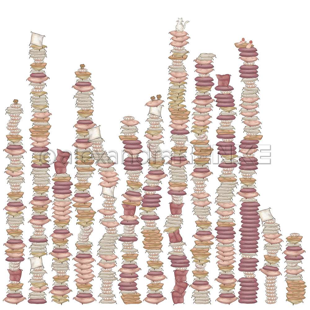 Stapel verschiedener Kissen und Polster, inspiriert von den lebhaften Designs von Alexandra Renke, sind in vertikalen Spalten auf weißem Hintergrund angeordnet.