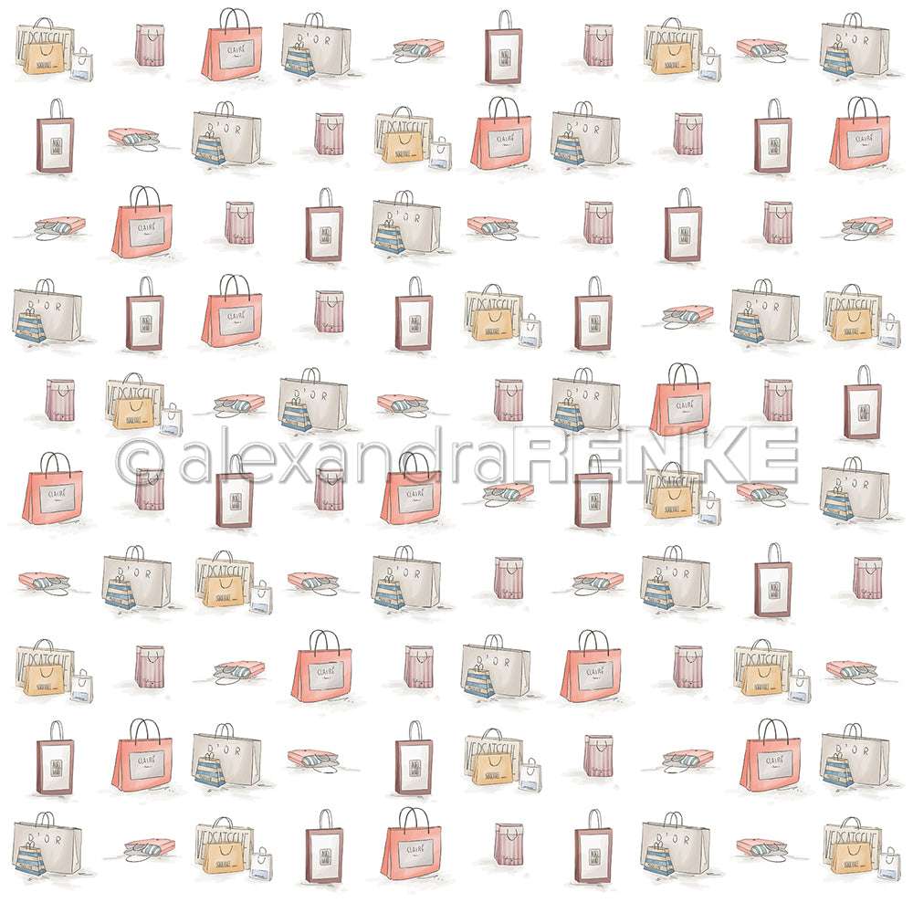 Bezauberndes Muster mit illustrierten Geschenktüten, Keksen, Tassen und rosa Saftgläsern auf weißem Hintergrund von Alexandra Renke - ideal für Designpapier oder um Ihre Papierprojekte zu versüßen.