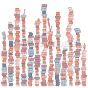 Hohe, angelehnte Stapel bunter Bücher, Alexandra Renke Designpapier und Papiere, auf denen Stifte und Bleistifte verstreut sind, sowie ein Washitape-Stapel - alles vor einem weißen Hintergrund.