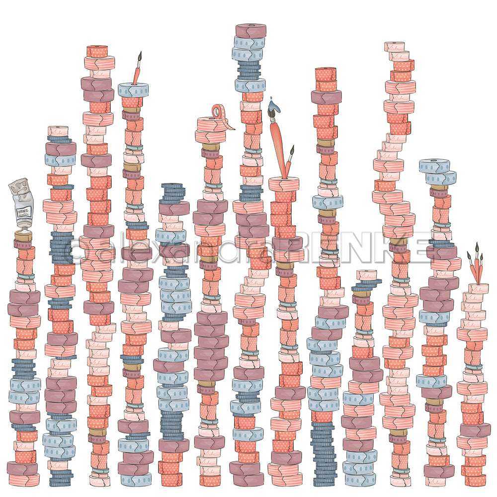 Hohe, angelehnte Stapel bunter Bücher, Alexandra Renke Designpapier und Papiere, auf denen Stifte und Bleistifte verstreut sind, sowie ein Washitape-Stapel - alles vor einem weißen Hintergrund.