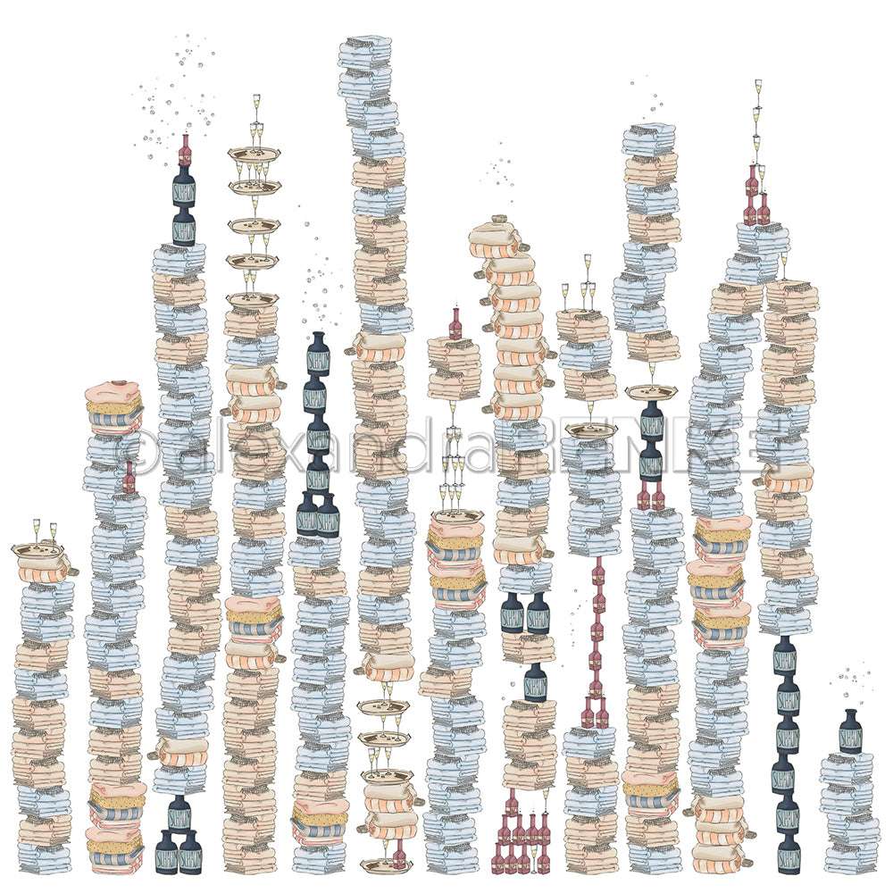 Hohe, ungleichmäßige Stapel von Papieren und Kaffeetassen auf weißem Hintergrund erinnern an das kreative Chaos, das bei Alexandra Renke-Projekten häufig zu finden ist.