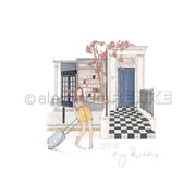 Eine Frau mit einem Koffer steht vor einer Buchhandlung und einem Stadthaus mit blauer Tür, dessen karierte Stufen auf kreative Alexandra Renke Papierprojekte oder einzigartige Grußkarten-Designideen hinweisen.