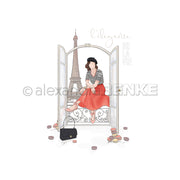 Illustration einer Frau im roten Rock, die in einem Fenster sitzt, umgeben vom Eiffelturm und bunten Macarons - perfekt als Alexandra Renke Designpapier für Papierprojekte oder Buchbinderei-Liebhaber.
