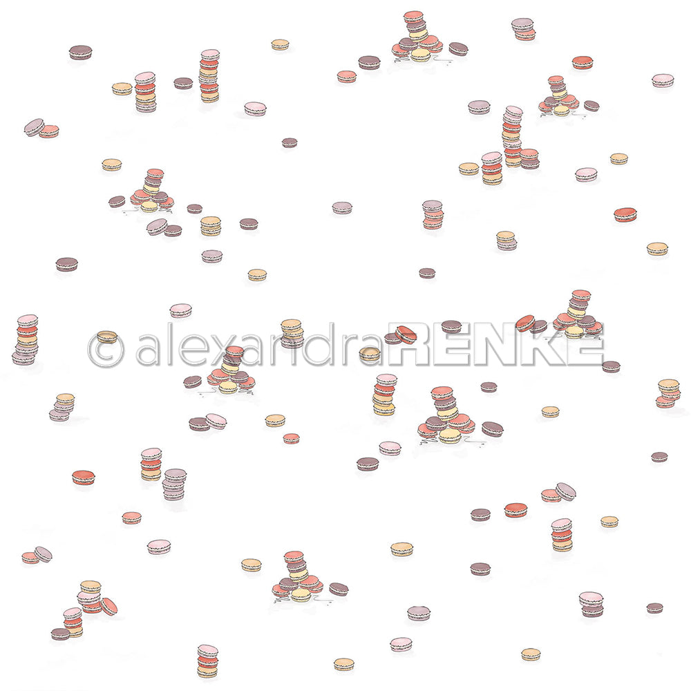 Verstreute Stapel und Gruppen von bunten Macarons auf weißem Hintergrund mit Wasserzeichentext, perfekt für Alexandra Renke Papierprojekte oder Grußkarten mit verspielten Designpapierelementen.