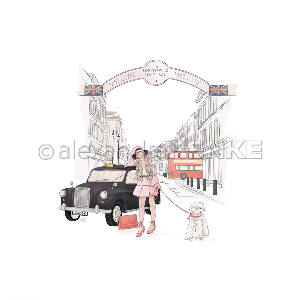 Illustration einer Frau mit Hund, Taxi und Bus auf der Portobello Road unter einem Willkommensschild - eine ideale Inspiration für einzigartige Papierprojekte oder Buchbinderei mit Alexandra Renkes buntem Designpapier.