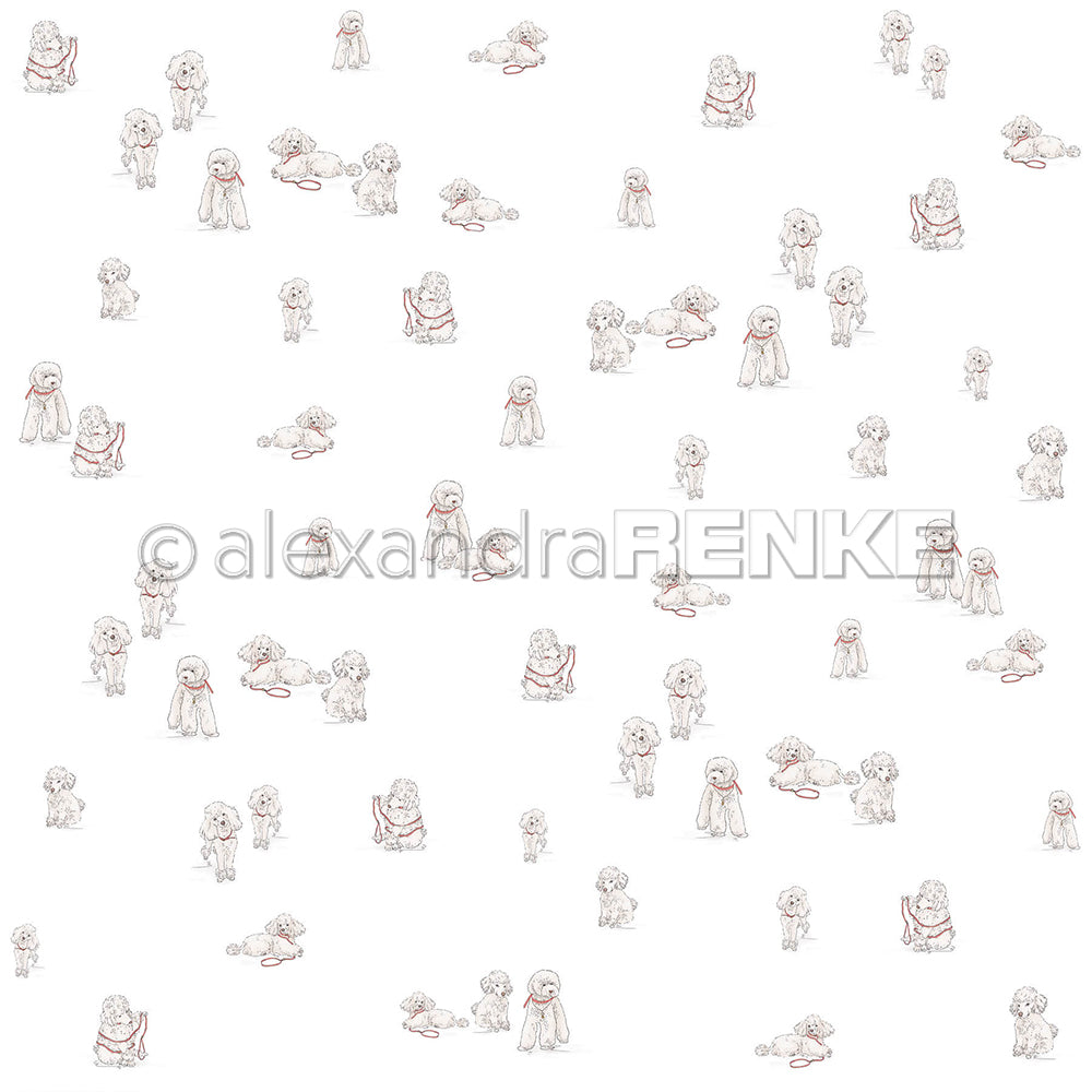 Das Design von Alexandra Renke zeigt kleine, handgezeichnete Pudel in verspielten Posen auf weißem Hintergrund - ideal für Grußkarten oder einzigartiges Designpapier für Ihre nächsten Papierprojekte.
