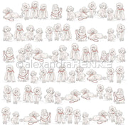 Das Designpapier von Alexandra Renke zeigt flauschige weiße Hunde mit roten Leinen in verspielten Posen, die sich auf weißem Hintergrund wiederholen - ideal für Buchbinderei oder kreative Papierprojekte.