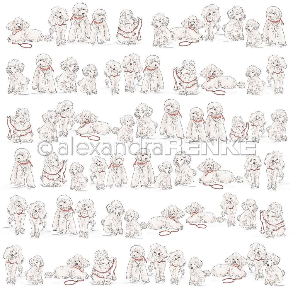 Das Designpapier von Alexandra Renke zeigt flauschige weiße Hunde mit roten Leinen in verspielten Posen, die sich auf weißem Hintergrund wiederholen - ideal für Buchbinderei oder kreative Papierprojekte.