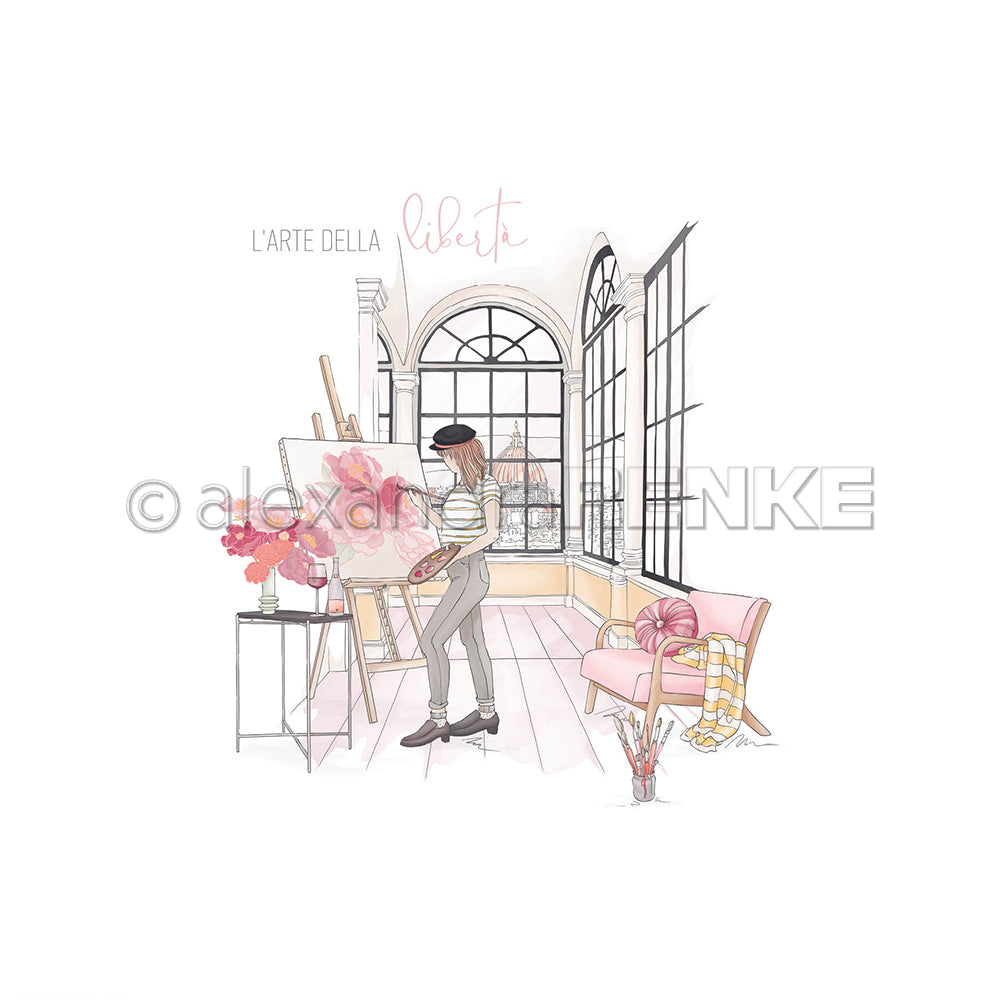 In einem hellen Atelier mit großen Fenstern, Blumen und einem rosa Stuhl malt eine Frau Papierprojekte von Alexandra Renke auf Leinwand.