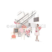 Illustration einer Frau, die Blumen vor einem modernen Blumenladen hält, in dem Sträuße, Topfpflanzen und Alexandra Renke Designpapier - perfekt für Grußkarten oder Papierprojekte - ausgestellt sind.