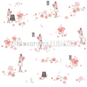 Illustration von Alexandra Renke einer Frau mit Blumen, Kreidetafeln und Streublumen auf Weiß - ideal für Designpapier oder Papierprojekte mit Blumenmarkt-Charme.