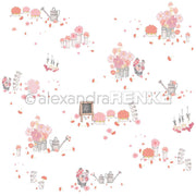 Skurriles Designpapier von Alexandra Renke mit rosa Blumen, Gießkannen, Töpfen und einer Kreidetafel auf weißem Grund - ideal für Papierprojekte oder zum Basteln von bezaubernden Blumengestecken.