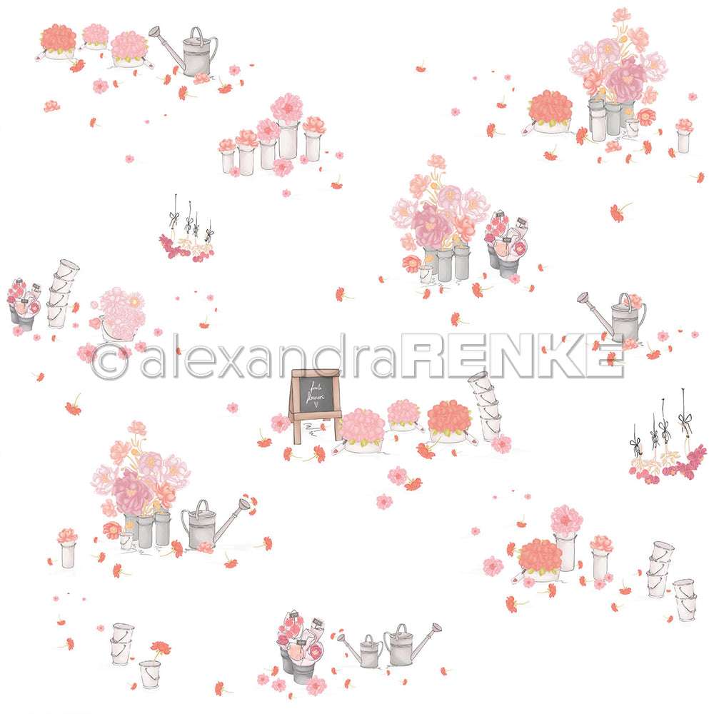 Skurriles Designpapier von Alexandra Renke mit rosa Blumen, Gießkannen, Töpfen und einer Kreidetafel auf weißem Grund - ideal für Papierprojekte oder zum Basteln von bezaubernden Blumengestecken.