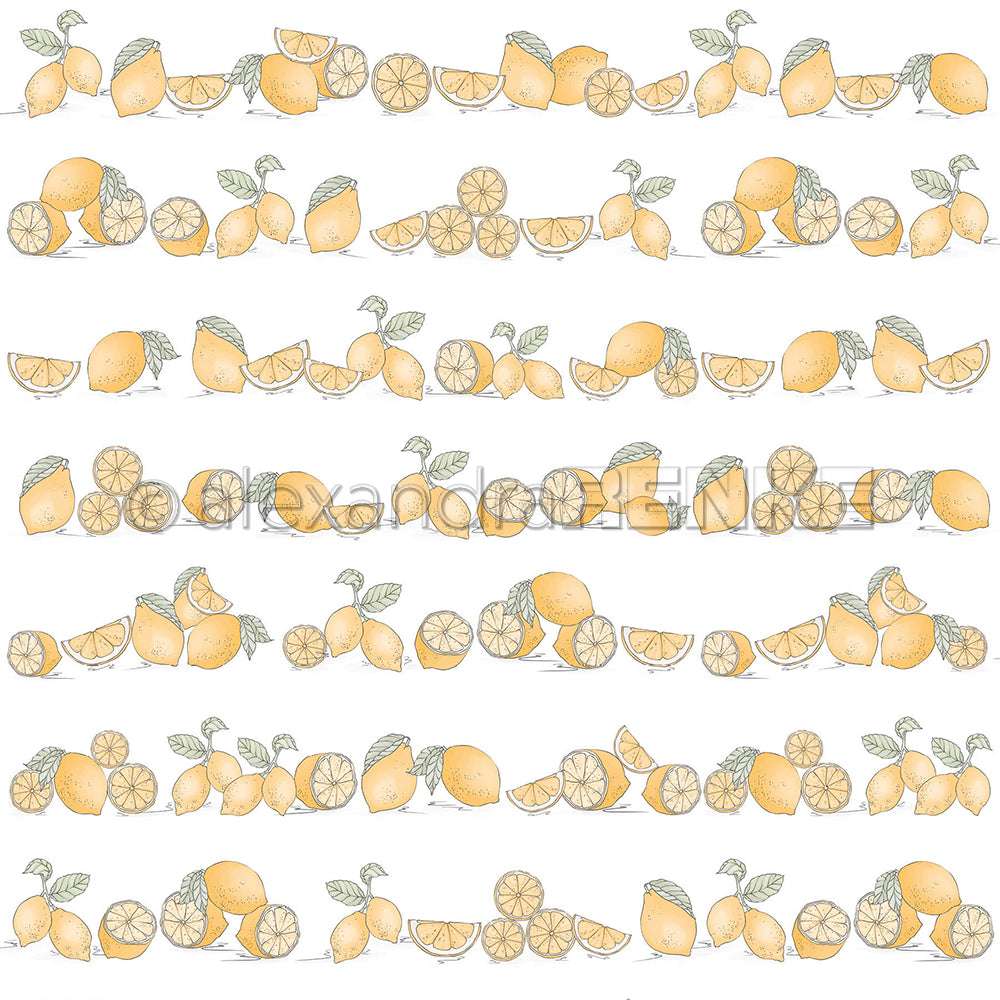 Handgezeichnete Zitronen und Zitronenscheiben sind in horizontalen Reihen auf weißem Hintergrund angeordnet - das perfekte Alexandra Renke Designpapier für die Buchbinderei oder einzigartige Papierprojekte.