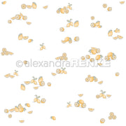 Verstreute ganze Zitronen und Zitronenscheiben mit Blättern auf weißem Hintergrund, ideal für Buchbinderei oder Papierprojekte mit lebendigem Alexandra Renke Designpapier.