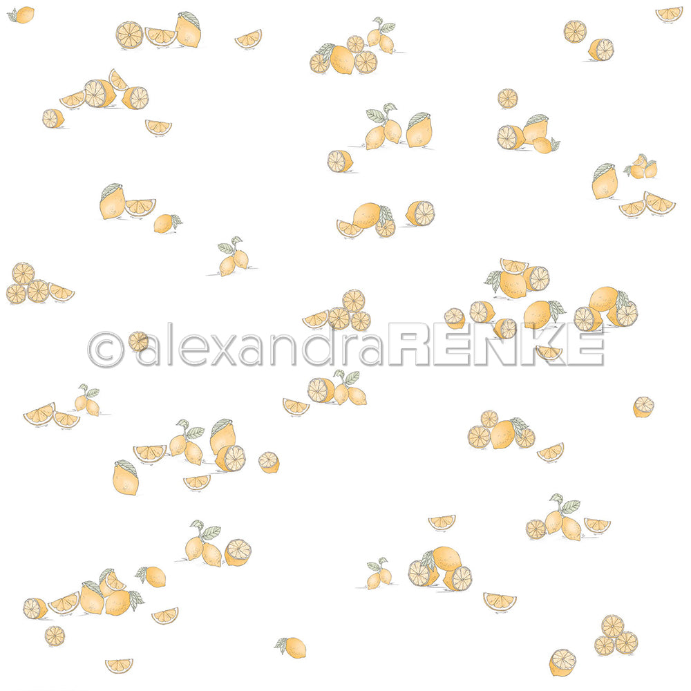 Verstreute ganze Zitronen und Zitronenscheiben mit Blättern auf weißem Hintergrund, ideal für Buchbinderei oder Papierprojekte mit lebendigem Alexandra Renke Designpapier.