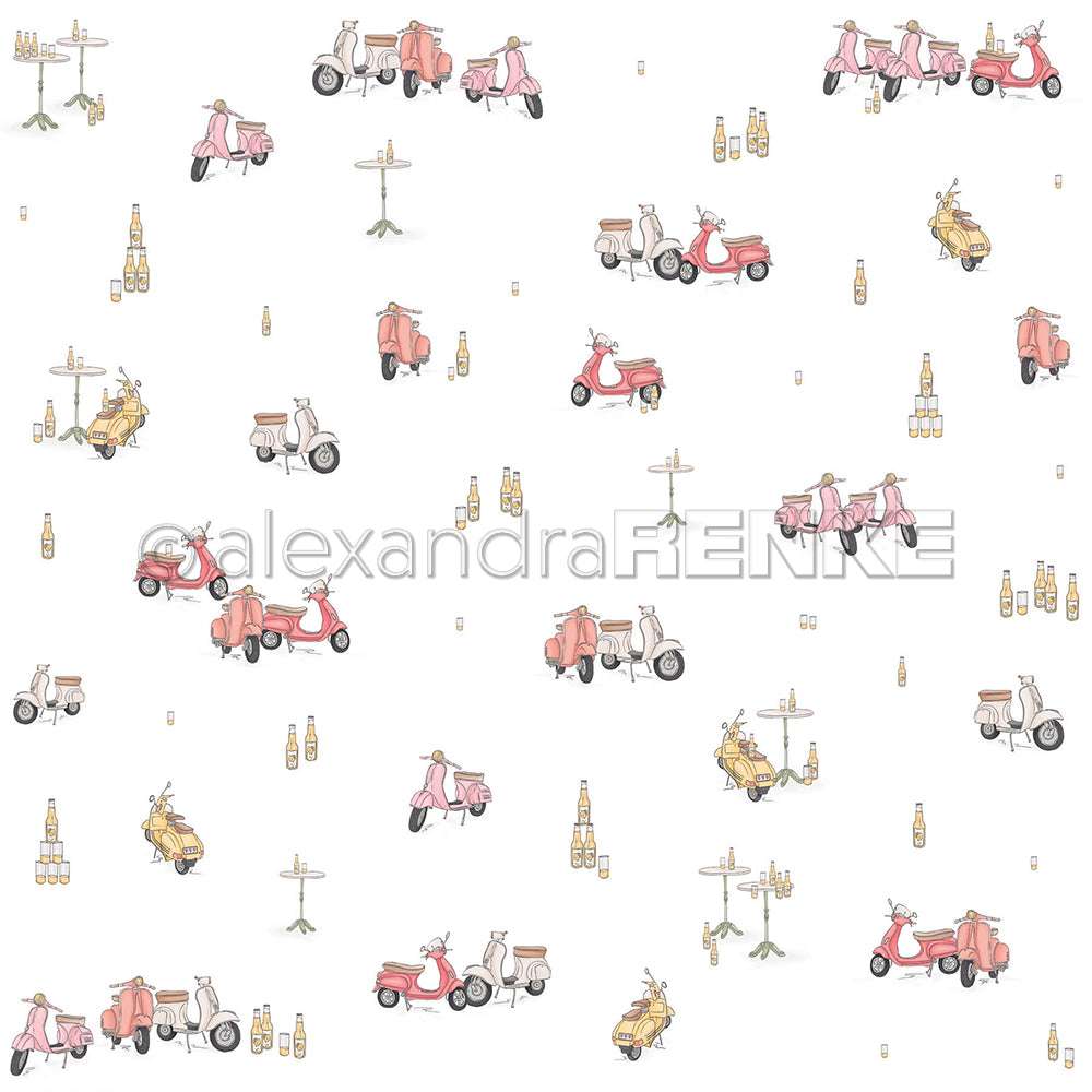 Muster aus illustrierten Rollern, Tischen und Flaschen auf weißem Untergrund - perfekt für Grußkarten oder kreative Designpapier-Papierprojekte von Alexandra Renke.