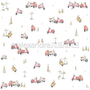 Muster aus illustrierten Rollern, Tischen und Flaschen auf weißem Untergrund - perfekt für Grußkarten oder kreative Designpapier-Papierprojekte von Alexandra Renke.