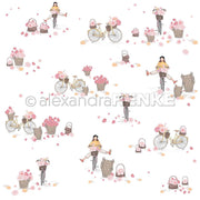Skurriles Muster von Mädchen mit Körben, Fahrrädern und rosa Blumen auf weißem Grund - perfektes Designpapier für Papierprojekte oder Buchbinderei von Alexandra Renke.
