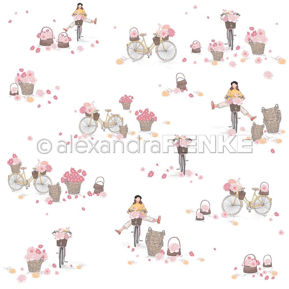 Skurriles Muster von Mädchen mit Körben, Fahrrädern und rosa Blumen auf weißem Grund - perfektes Designpapier für Papierprojekte oder Buchbinderei von Alexandra Renke.