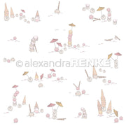 Skurrile Kätzchen mit Eiskugel, Eistüten und Regenschirmen auf weißem Hintergrund - dieses Designpapier von Alexandra Renke verleiht charmanten Papierprojekten oder Buchbinderei-Kreationen eine verspielte Note.
