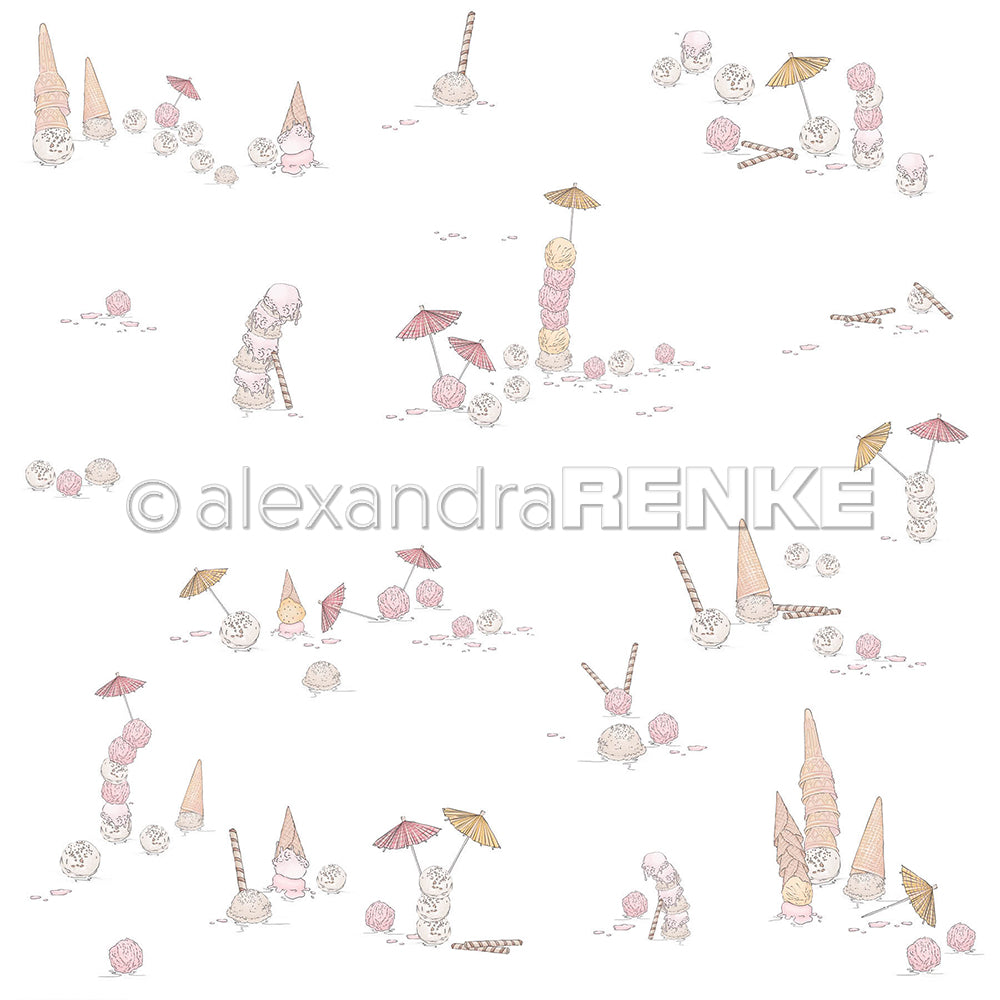 Skurrile Kätzchen mit Eiskugel, Eistüten und Regenschirmen auf weißem Hintergrund - dieses Designpapier von Alexandra Renke verleiht charmanten Papierprojekten oder Buchbinderei-Kreationen eine verspielte Note.