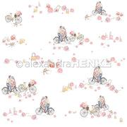 Ein radelndes Pärchen inmitten von rosafarbenen Blumen und Liebesmotiven auf weißem Hintergrund - dieses Designpapier von Alexandra Renke ist ideal für Papierprojekte oder das Basteln von einzigartigen Grußkarten.
