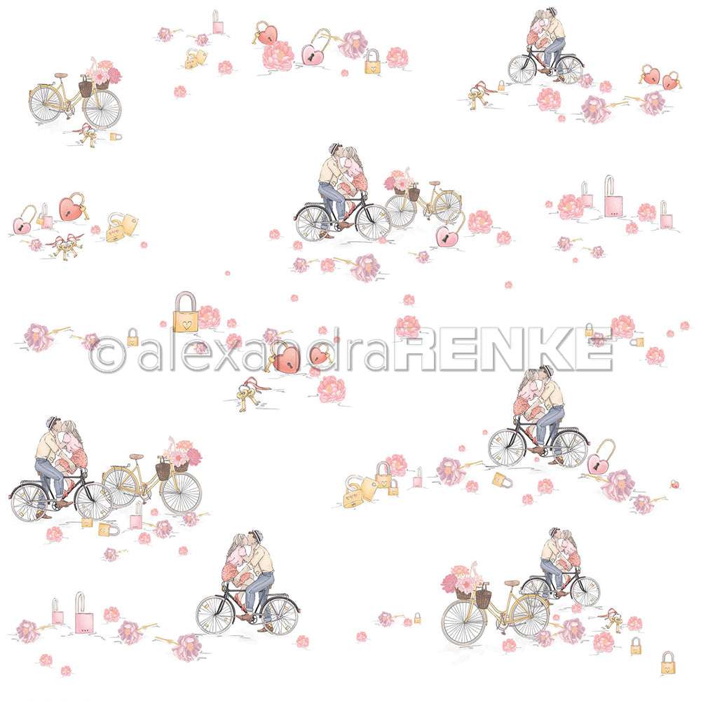 Ein radelndes Pärchen inmitten von rosafarbenen Blumen und Liebesmotiven auf weißem Hintergrund - dieses Designpapier von Alexandra Renke ist ideal für Papierprojekte oder das Basteln von einzigartigen Grußkarten.
