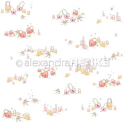 Cartoon-Mädchen mit rosa und goldenen herzförmigen und normalen Vorhängeschlössern auf weißem Grund - perfekt, um Designpapier Liebesschlösser, Papierprojekte oder Buchbinderei von Alexandra Renke mit Charme zu versehen.