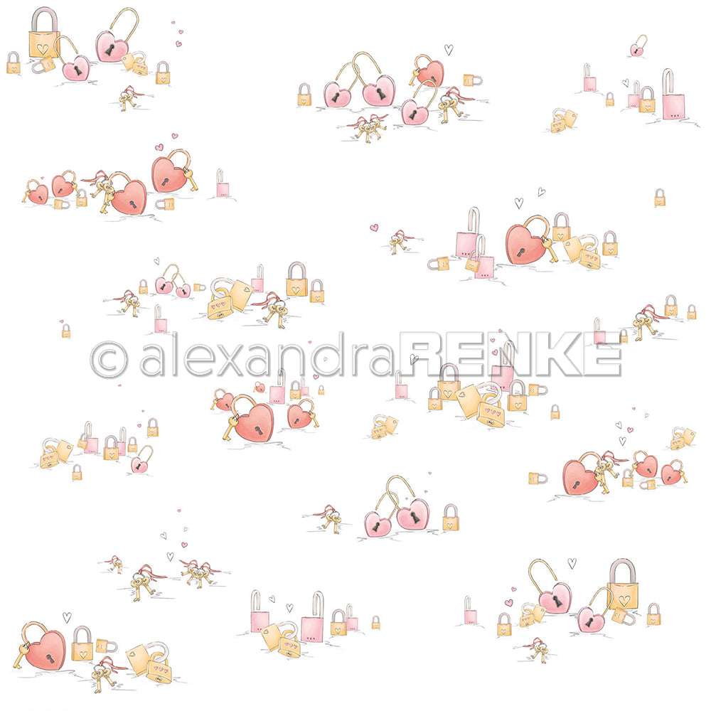 Cartoon-Mädchen mit rosa und goldenen herzförmigen und normalen Vorhängeschlössern auf weißem Grund - perfekt, um Designpapier Liebesschlösser, Papierprojekte oder Buchbinderei von Alexandra Renke mit Charme zu versehen.