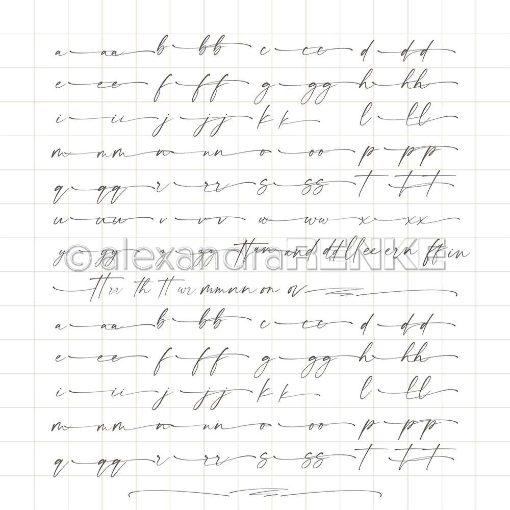 Kursive Kleinbuchstaben und Buchstabenkombinationen werden zum Üben immer wieder auf einen gerasterten Hintergrund geschrieben, perfekt für die Kombination mit Alexandra Renke Papierprojekte oder Designpapier.