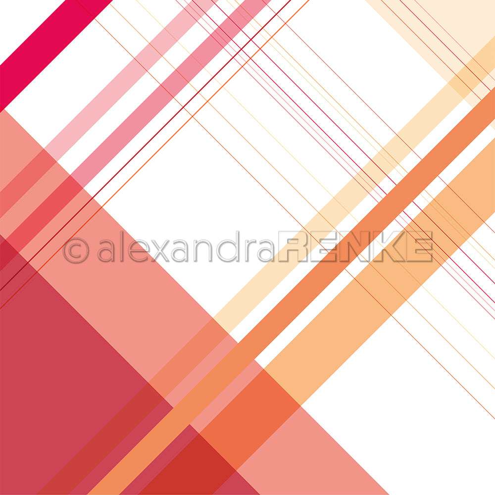Abstraktes Muster aus sich kreuzenden roten, orangen und pinken Karo Streifen auf weißem Designpapier von Alexandra Renke - ideal für kreative Papierprojekte.