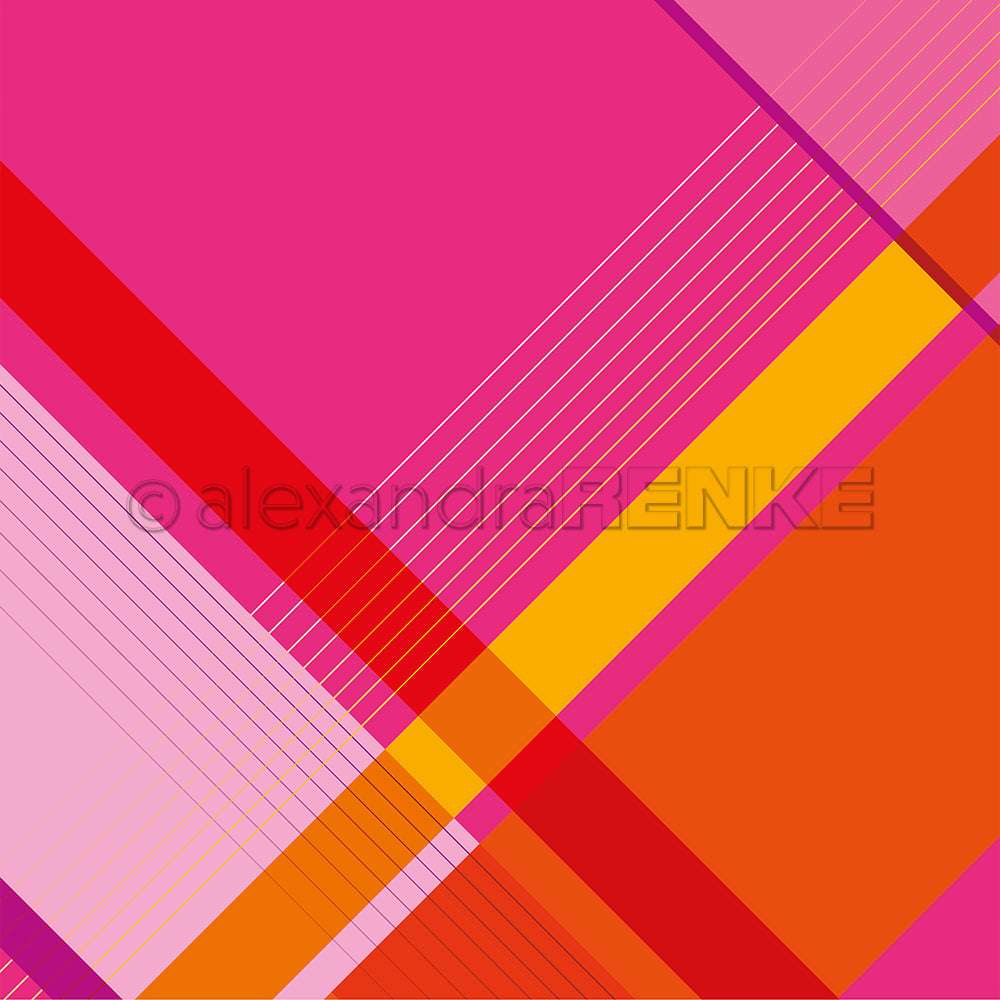 Abstraktes geometrisches Muster mit sich kreuzenden Karostreifen in Pink, Rot, Orange und Gelb von Alexandra Renke - perfekt für Papierprojekte oder als einzigartiges Designpapier.