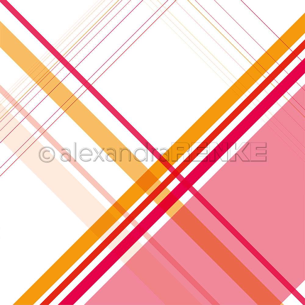 Diagonale orange, rote und pinke Linien kreuzen sich auf Weiß in einem geometrischen Muster, das an Alexandra Renkes Karo Streifen diagonal Designpapier erinnert - ideal für mutige Papierprojekte.
