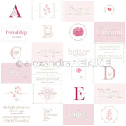 Eine Collage aus pastellrosa Freundschafts- und Blumenzitaten, Buchstaben und Illustrationen auf weißem Hintergrund - perfekt für kreative Papierprojekte wie Grußkarten mit Designpapier von Alexandra Renke.