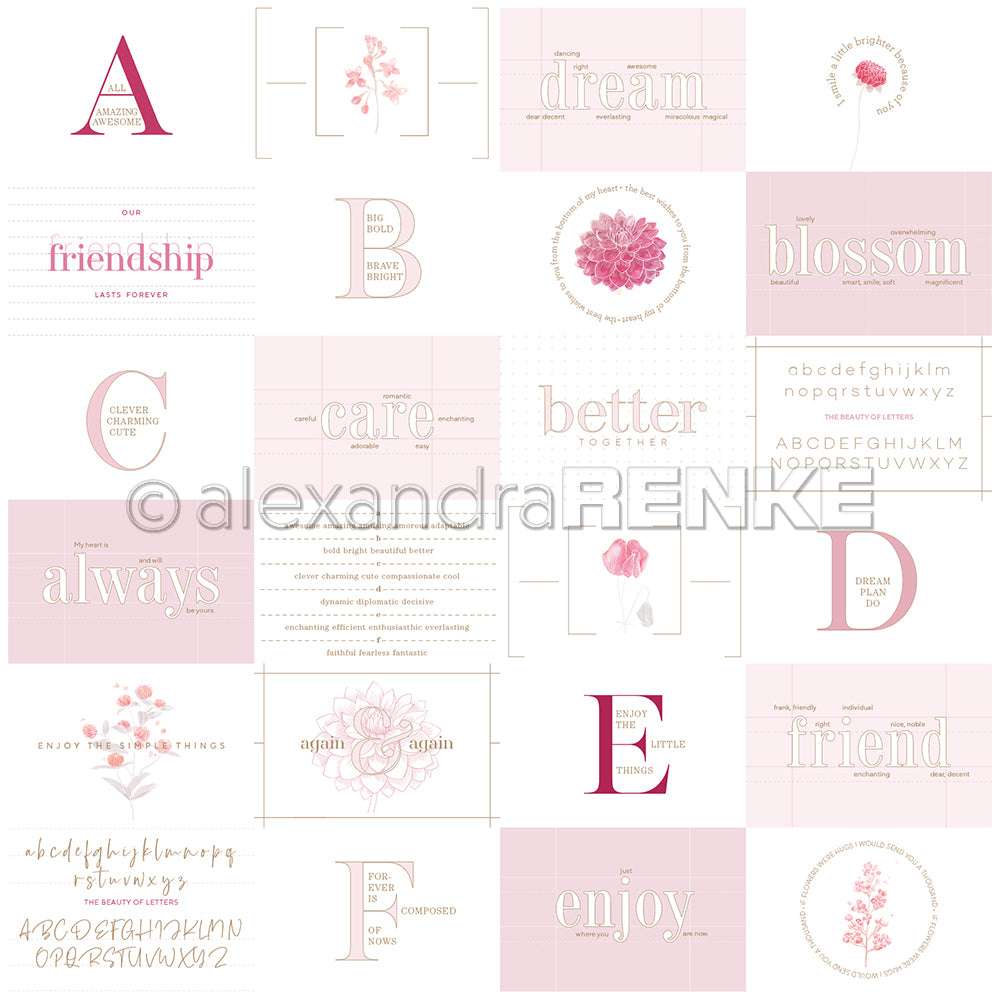Eine Collage aus pastellrosa Freundschafts- und Blumenzitaten, Buchstaben und Illustrationen auf weißem Hintergrund - perfekt für kreative Papierprojekte wie Grußkarten mit Designpapier von Alexandra Renke.