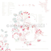 Botanische Illustration des Buchstabens E mit rosafarbenen Blüten und zarten pastellfarbenen Blättern - ideal für Papierprojekte oder zur floralen Gestaltung von Buchbinderei und Designpapier von Alexandra Renke.