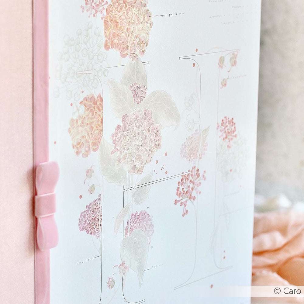 Nahaufnahme eines mit Alexandra Renke Designpapier gestalteten pastellrosa Bucheinbands mit zarten floralen Illustrationen und einem zartrosa Bändchen am Rücken - ideal für Buchbinderei oder Papierprojekte.