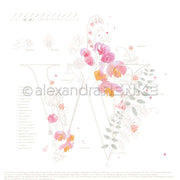 Großer Buchstabe W mit zarten rosafarbenen und gelben Blüten und Blättern, akzentuiert durch zarte Botanik - perfekt für Papierprojekte oder um Ihren Buchbinderei-Kreationen Eleganz zu verleihen, von Alexandra Renke.