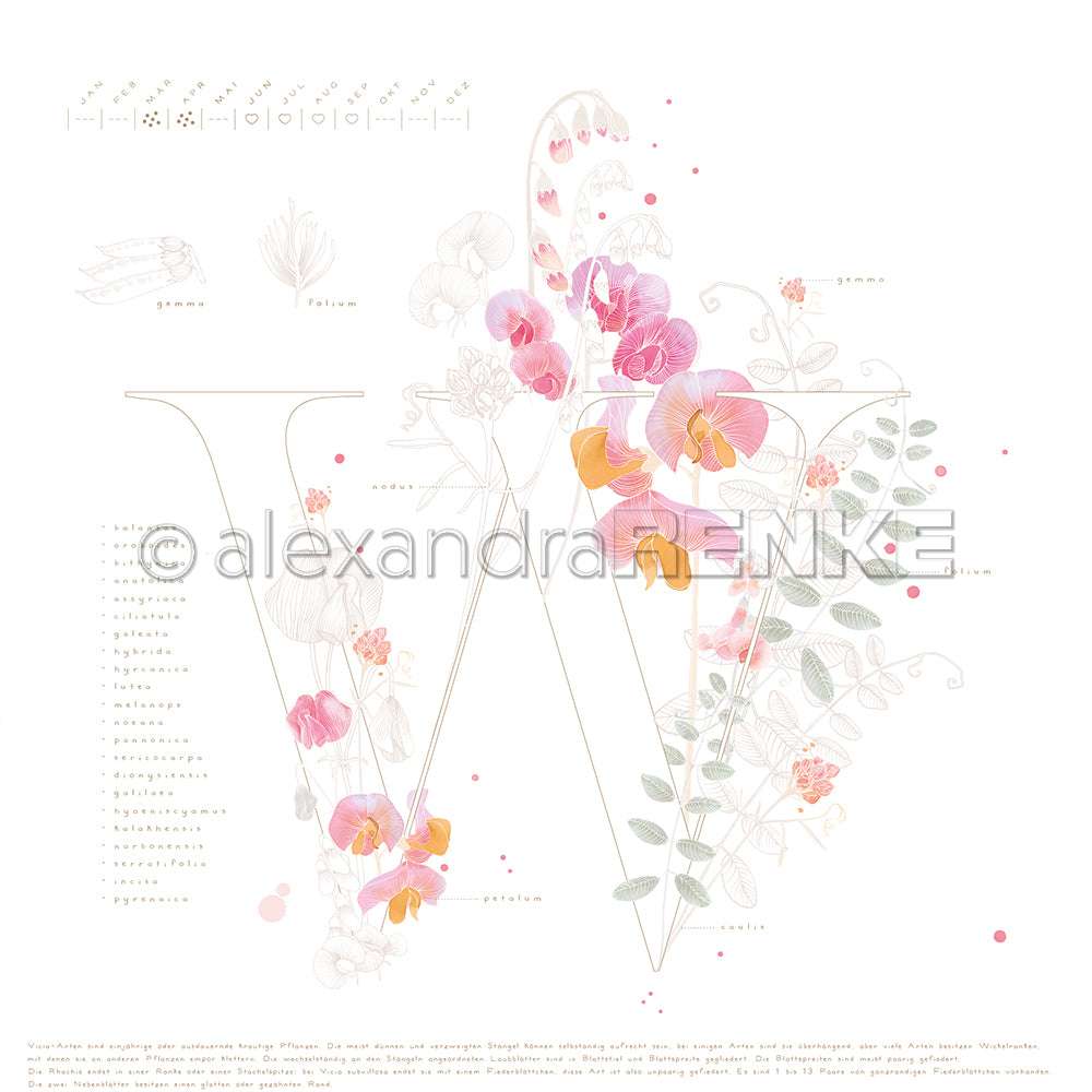 Großer Buchstabe W mit zarten rosafarbenen und gelben Blüten und Blättern, akzentuiert durch zarte Botanik - perfekt für Papierprojekte oder um Ihren Buchbinderei-Kreationen Eleganz zu verleihen, von Alexandra Renke.