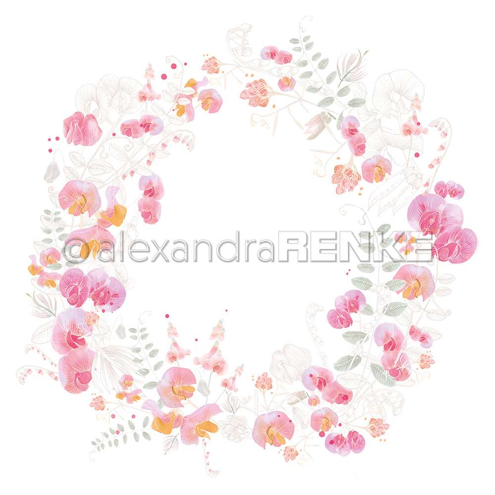 Ein zarter Blumenkranz aus rosa und orangefarbenen Blüten mit grünen Blättern auf weißem Grund - perfekt für Designpapier oder handgefertigte Grußkarten von Alexandra Renke.