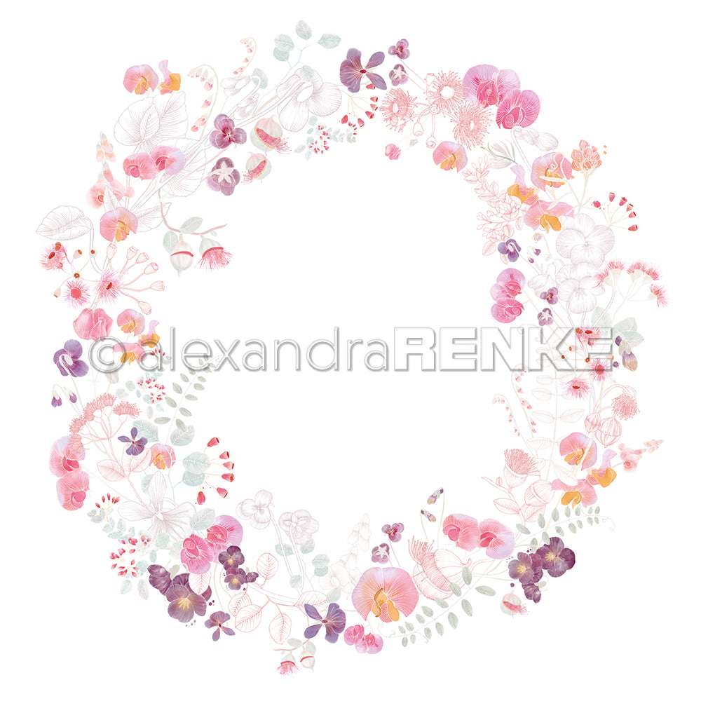 Zarter pastellfarbener Blumenkranz mit rosa, lila und weißen Blüten auf weißem Hintergrund - perfekt für Grußkarten oder schönes Designpapier von Alexandra Renke für Ihr nächstes Projekt.