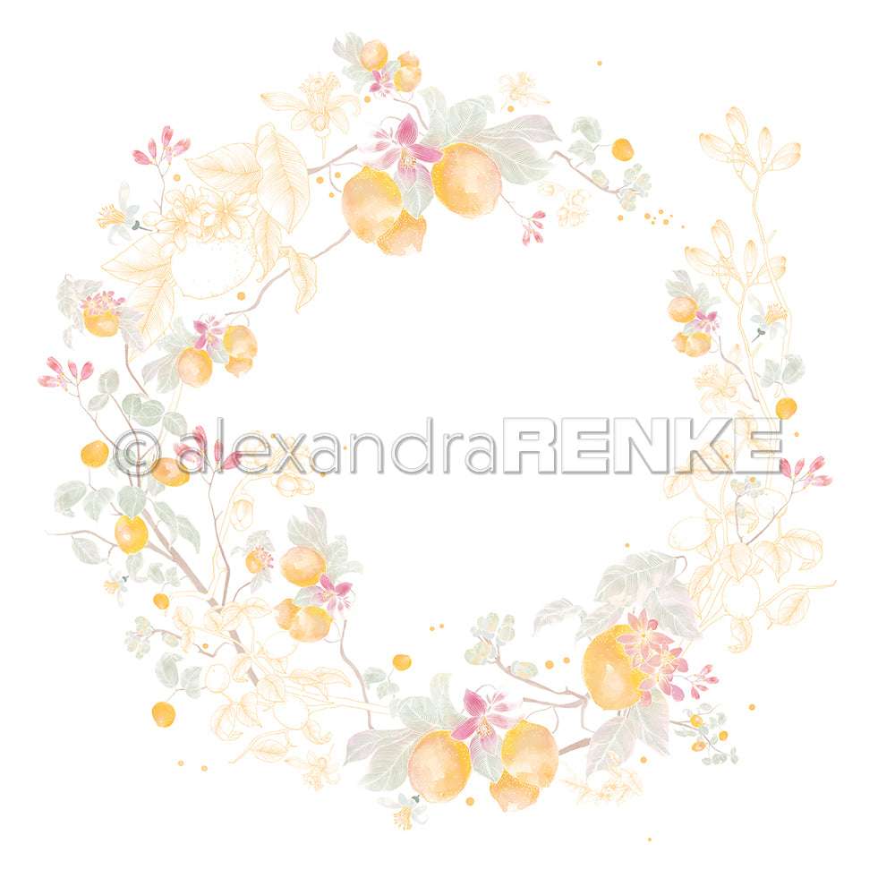 Zarter Aquarellkranz mit Zitronen, Blüten und Blättern auf weißem Hintergrund von Alexandra Renke - ideal für Grußkarten oder als charmantes Designpapier für Ihre Papierprojekte.