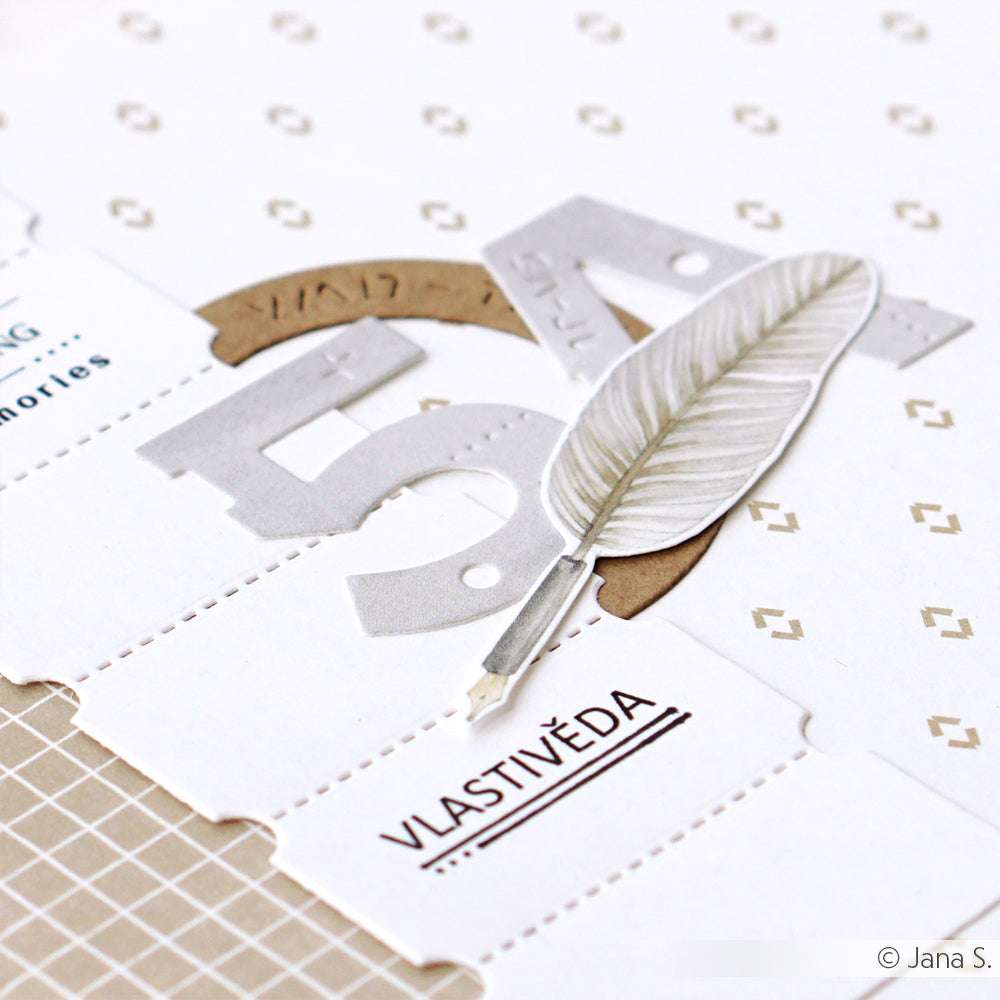 Designpapier von Alexandra Renke mit VLASTIVĚDA"-Schriftzug, Metallic-Zahlen und einer silbernen Feder - perfekt für Papierprojekte oder Buchbinderei auf gemusterten Hintergründen.