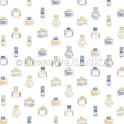 Muster aus aquarellierten Tintenflaschen in verschiedenen Formen und Farben auf weißem Hintergrund von Alexandra Renke - ideal für Designpapier oder kreative Papierprojekte wie Grußkarten.