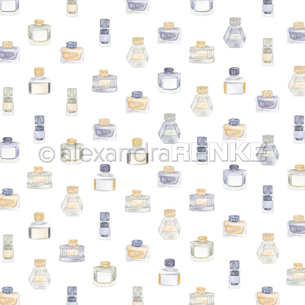 Muster aus aquarellierten Tintenflaschen in verschiedenen Formen und Farben auf weißem Hintergrund von Alexandra Renke - ideal für Designpapier oder kreative Papierprojekte wie Grußkarten.